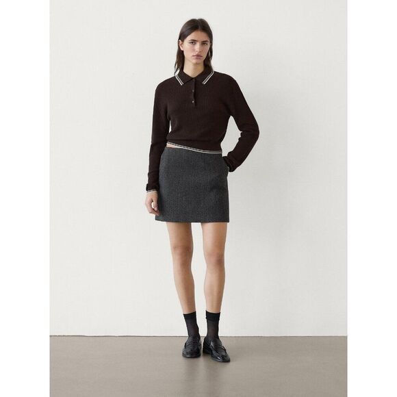 Massimo Dutti Womens Sweater XS Brown Polo Collar Contrast Knit 5634/609 NWT - Picture 1 of 9